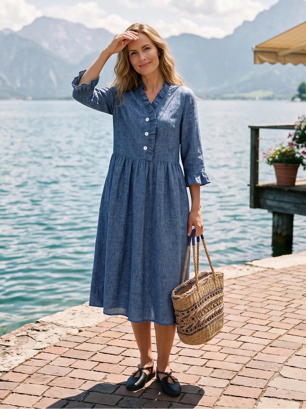 Lintico 100% Linen SAMARA Ruffle Placket A-Line Midi Dress in Washed Indigo